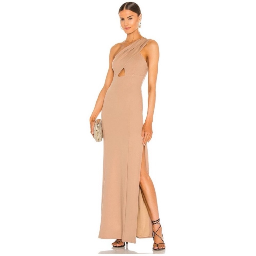 Lovers + Friends Tan One-Shoulder Slit Gown
